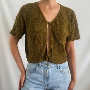Vintage 80s olive green single button open cardigan shirt blouse top